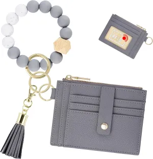 Keychain Wristlet Wallet for Women, Slim RFID Credit Card Holder Purse Tassel Keychain Bangle Key Ring for Women (Upgrade RFID, Gray)