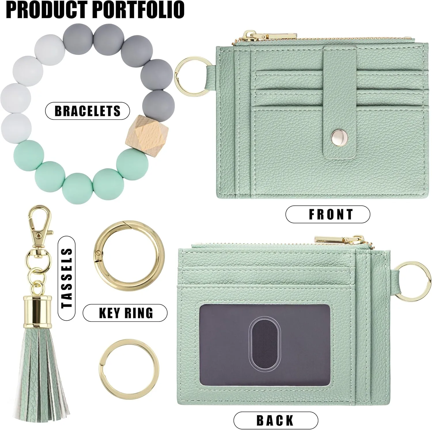Keychain Wristlet Wallet for Women, Slim RFID Credit Card Holder Purse Tassel Keychain Bangle Key Ring for Women (Upgrade RFID, Green)