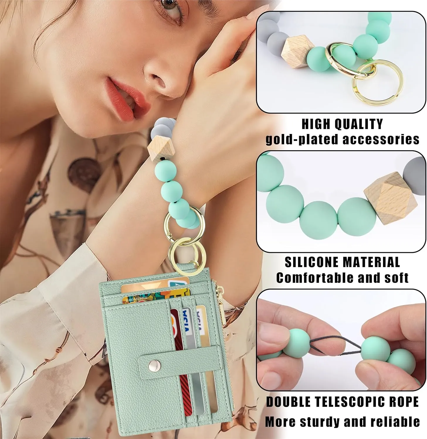 Keychain Wristlet Wallet for Women, Slim RFID Credit Card Holder Purse Tassel Keychain Bangle Key Ring for Women (Upgrade RFID, Green)