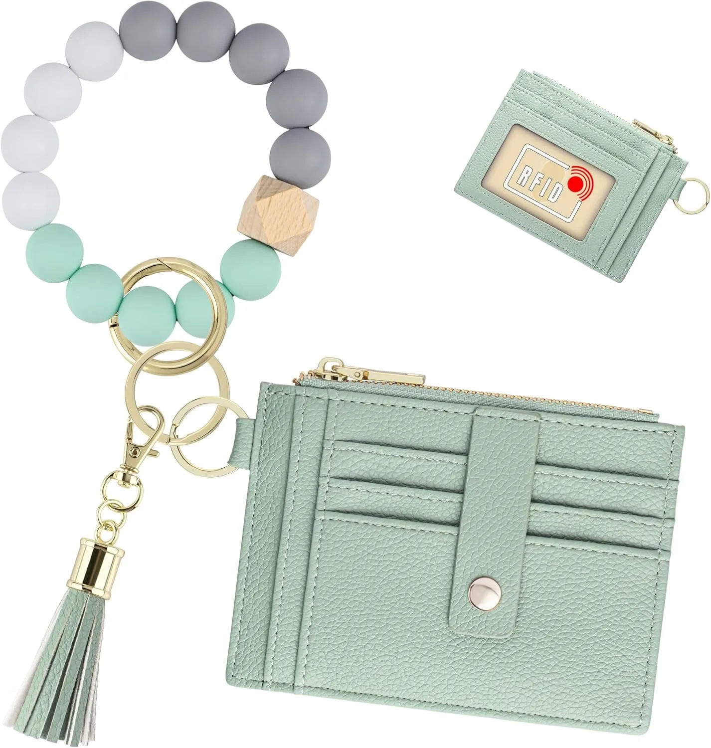 Keychain Wristlet Wallet for Women, Slim RFID Credit Card Holder Purse Tassel Keychain Bangle Key Ring for Women (Upgrade RFID, Green)