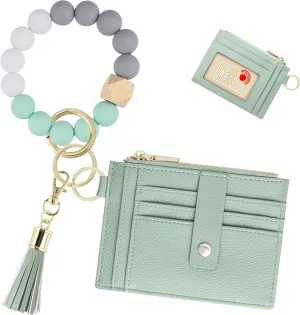 Keychain Wristlet Wallet for Women, Slim RFID Credit Card Holder Purse Tassel Keychain Bangle Key Ring for Women (Upgrade RFID, Green)