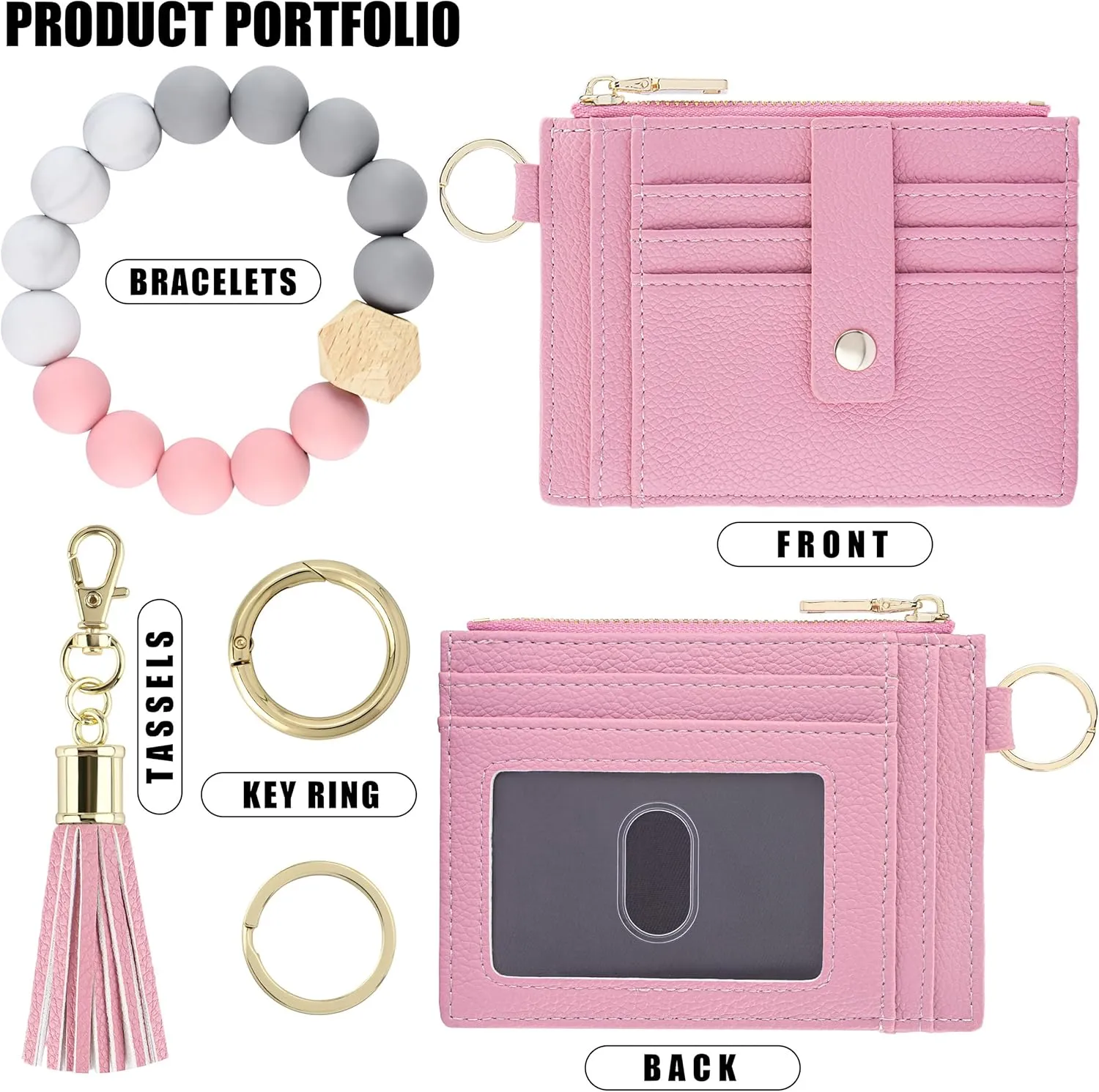 Keychain Wristlet Wallet for Women, Slim RFID Credit Card Holder Purse Tassel Keychain Bangle Key Ring for Women (Upgrade RFID, Pink)