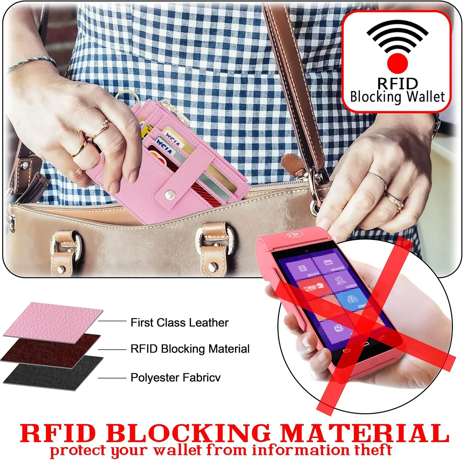 Keychain Wristlet Wallet for Women, Slim RFID Credit Card Holder Purse Tassel Keychain Bangle Key Ring for Women (Upgrade RFID, Pink)