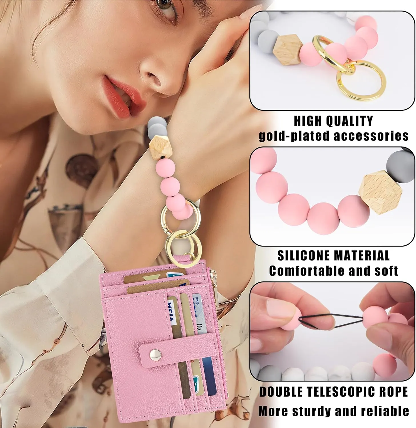 Keychain Wristlet Wallet for Women, Slim RFID Credit Card Holder Purse Tassel Keychain Bangle Key Ring for Women (Upgrade RFID, Pink)