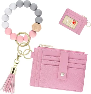 Keychain Wristlet Wallet for Women, Slim RFID Credit Card Holder Purse Tassel Keychain Bangle Key Ring for Women (Upgrade RFID, Pink)