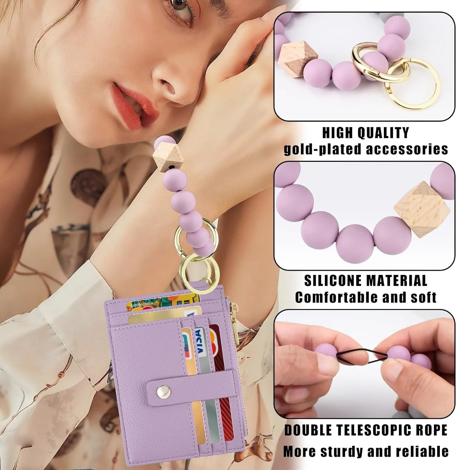 Keychain Wristlet Wallet for Women, Slim RFID Credit Card Holder Purse Tassel Keychain Bangle Key Ring for Women (Upgrade RFID, Purple)