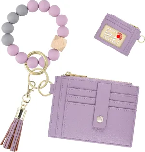 Keychain Wristlet Wallet for Women, Slim RFID Credit Card Holder Purse Tassel Keychain Bangle Key Ring for Women (Upgrade RFID, Purple)