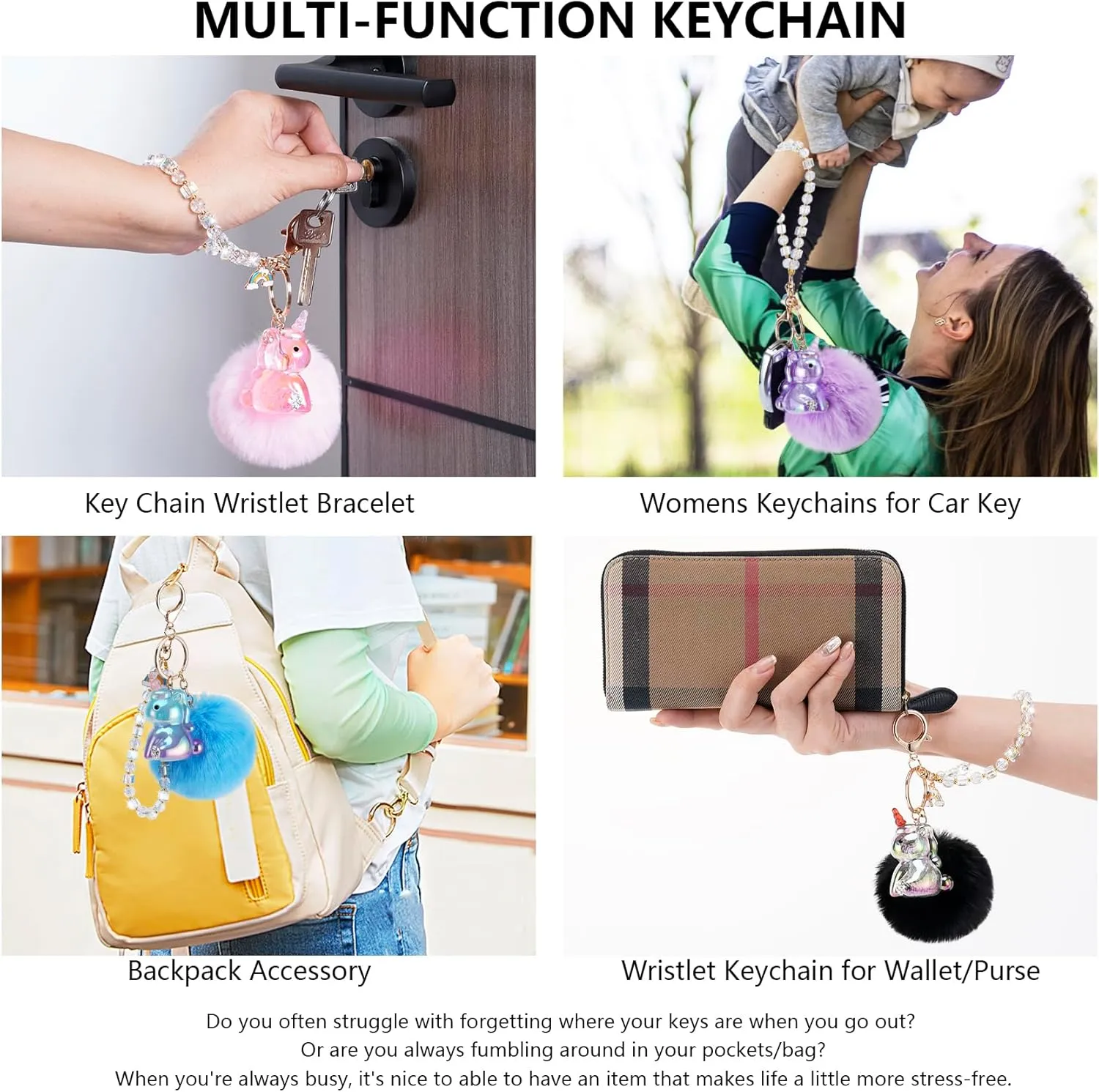 Keychains for Women, Pom Pom Keychain Cute Kawaii Key Chain Bling Wristlet Car Backpack Purse Charm