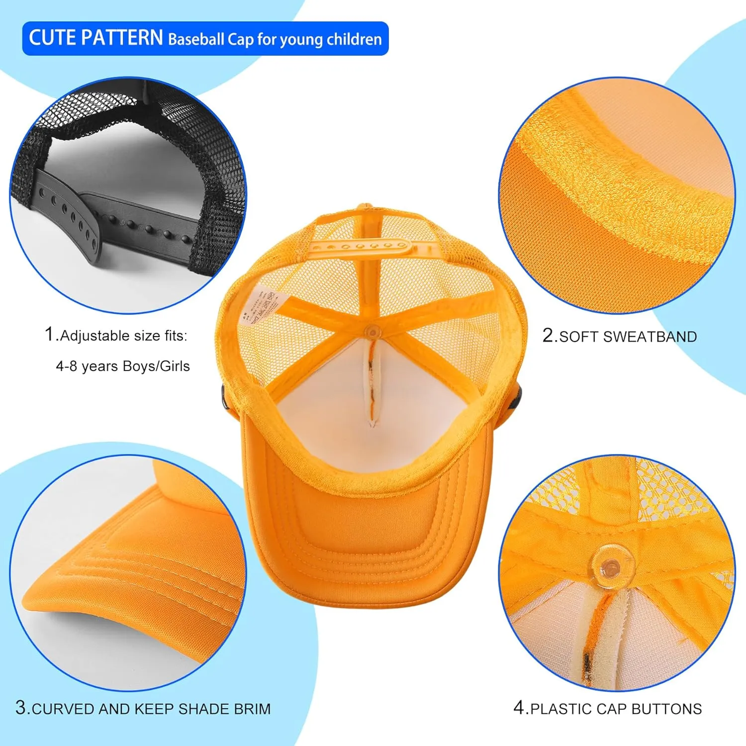 Kids Baseball Cap,3D Design Breathable Sun Protection Adjustable Boys Girls for Aged 3-8 Years Young Children