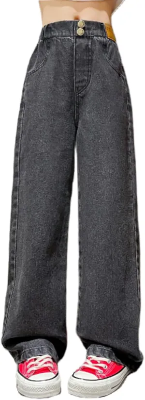 Kids Girls Baggy Jeans Casual Wide Leg High Waist Denim Pants Size 5-14 Years