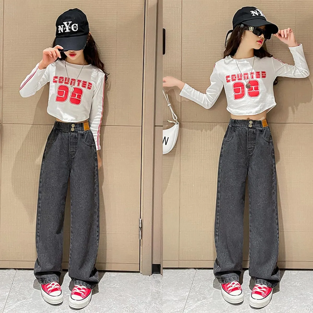 Kids Girls Baggy Jeans Casual Wide Leg High Waist Denim Pants Size 5-14 Years