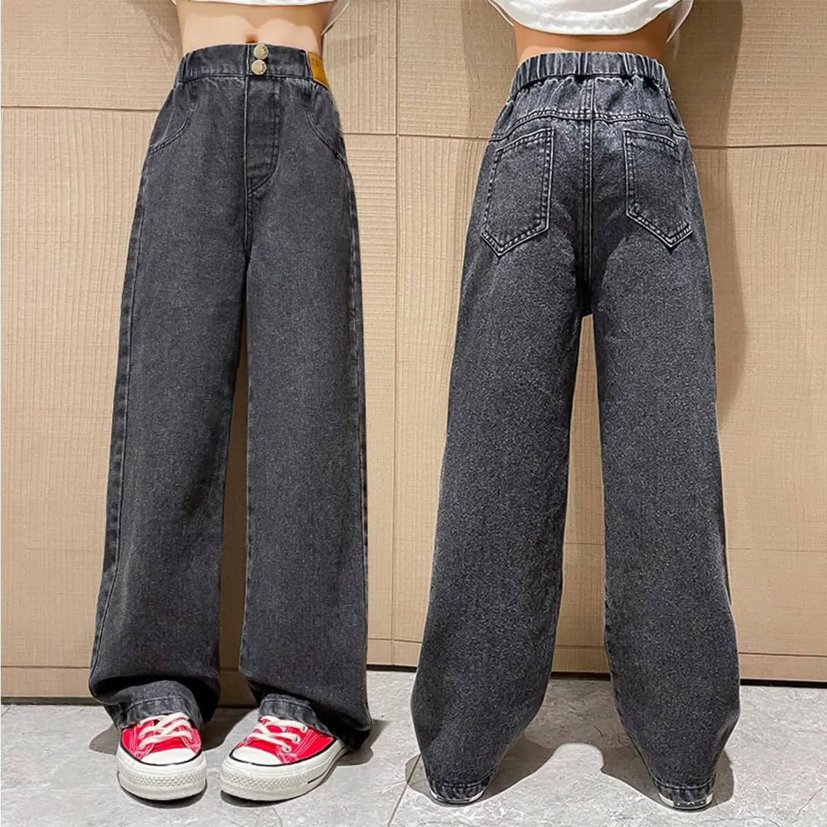 Kids Girls Baggy Jeans Casual Wide Leg High Waist Denim Pants Size 5-14 Years