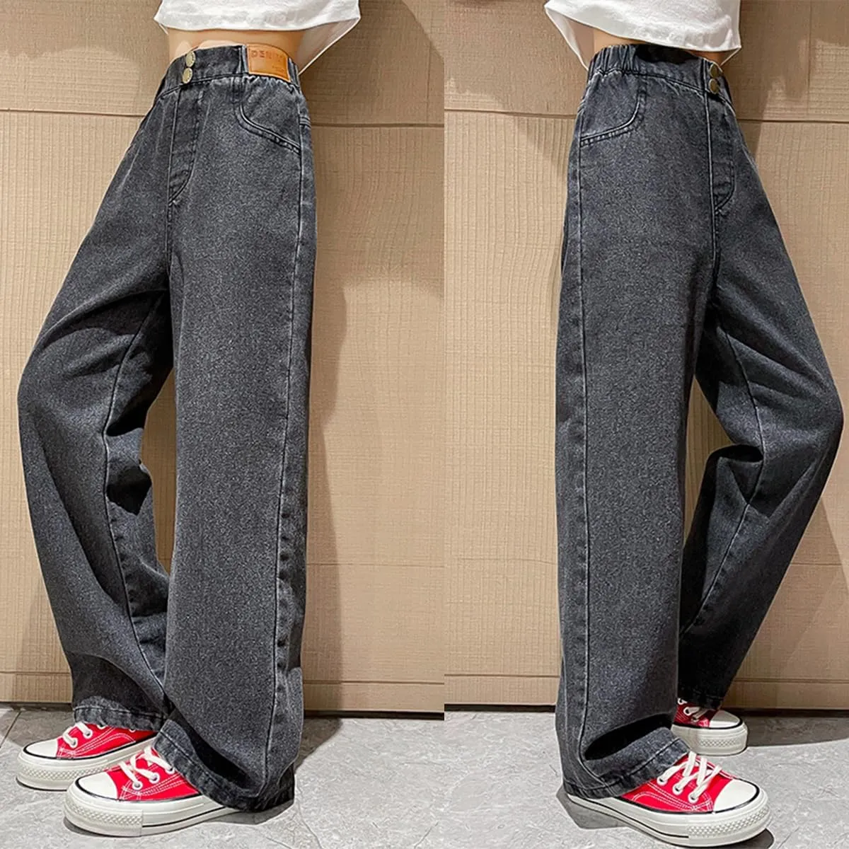 Kids Girls Baggy Jeans Casual Wide Leg High Waist Denim Pants Size 5-14 Years