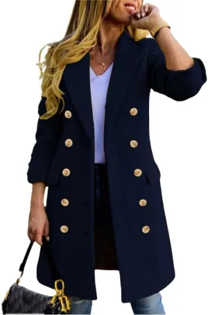 Kinghua Women's Double Breasted Wool Coat Fall Winter Notched Lapel Midi Long Wool Peacoat Jacket