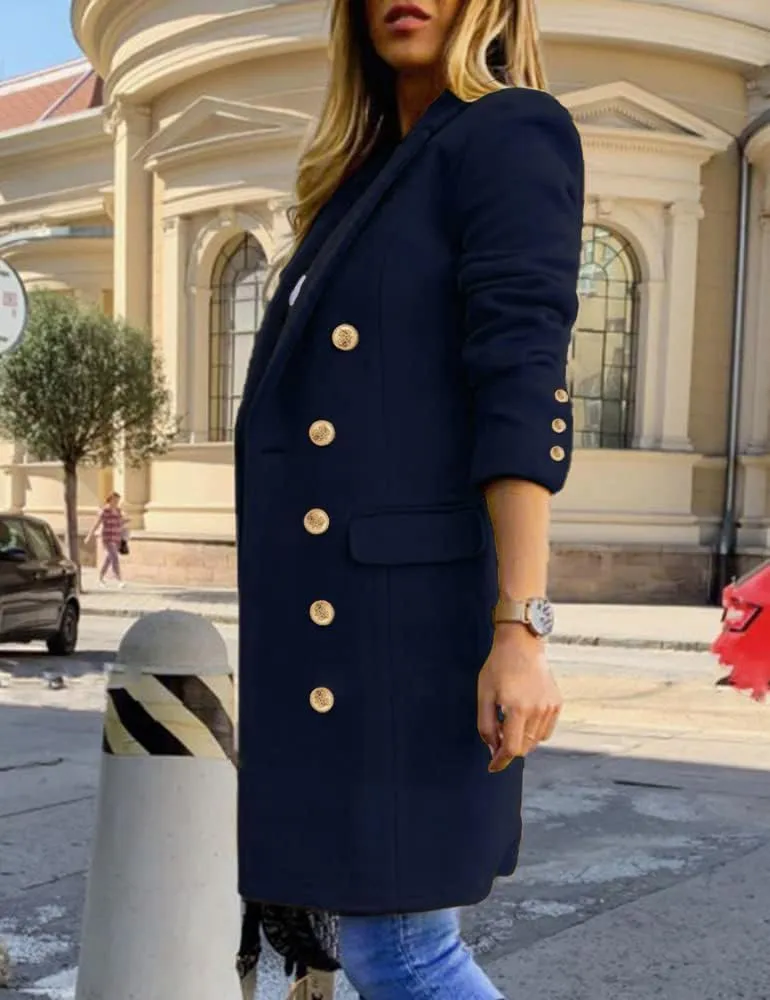 Kinghua Women's Double Breasted Wool Coat Fall Winter Notched Lapel Midi Long Wool Peacoat Jacket