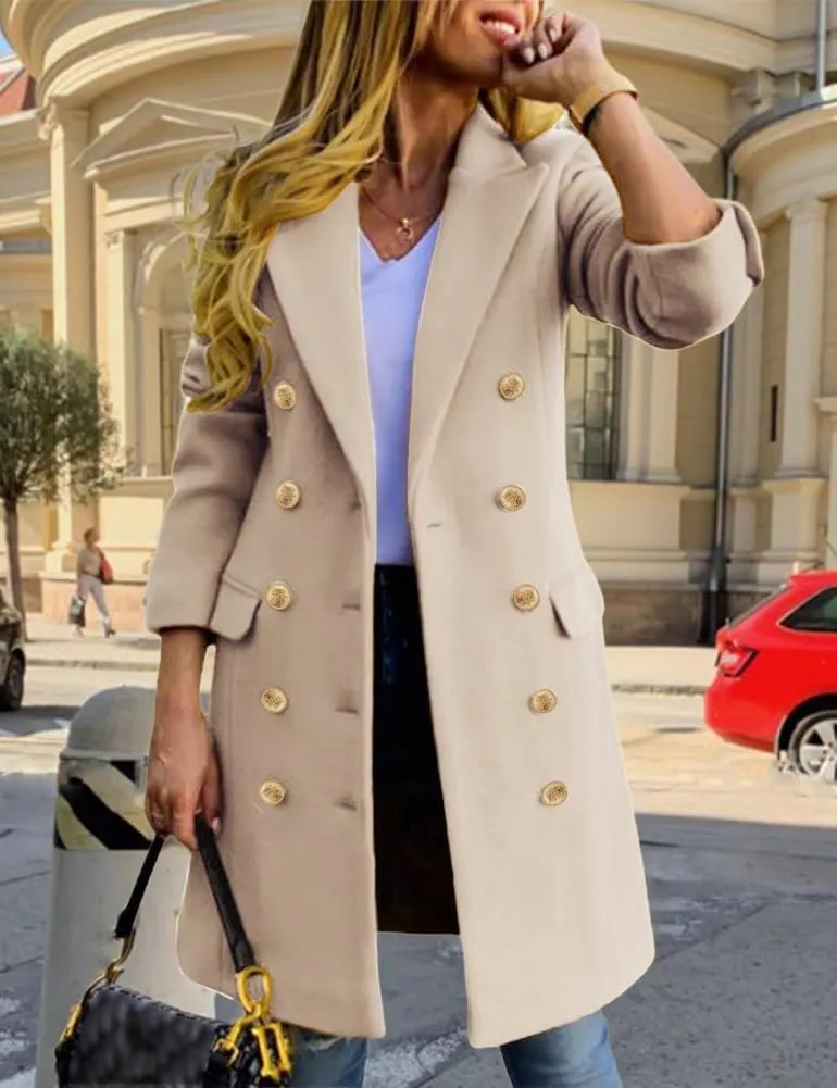Kinghua Women's Double Breasted Wool Coat Fall Winter Notched Lapel Midi Long Wool Peacoat Jacket