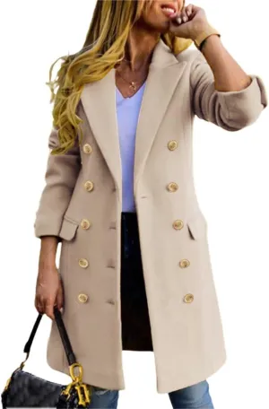 Kinghua Women's Double Breasted Wool Coat Fall Winter Notched Lapel Midi Long Wool Peacoat Jacket