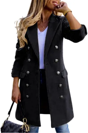 Kinghua Women's Double Breasted Wool Coat Fall Winter Notched Lapel Midi Long Wool Peacoat Jacket