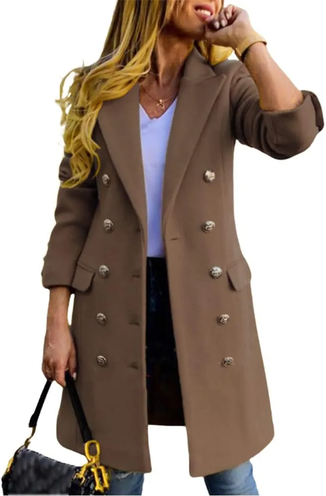 Kinghua Women's Double Breasted Wool Coat Fall Winter Notched Lapel Midi Long Wool Peacoat Jacket