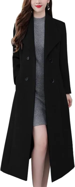 Kinghua Women's Double Breasted Wool Coats Winter Long Wool Pea Coat Overcoat