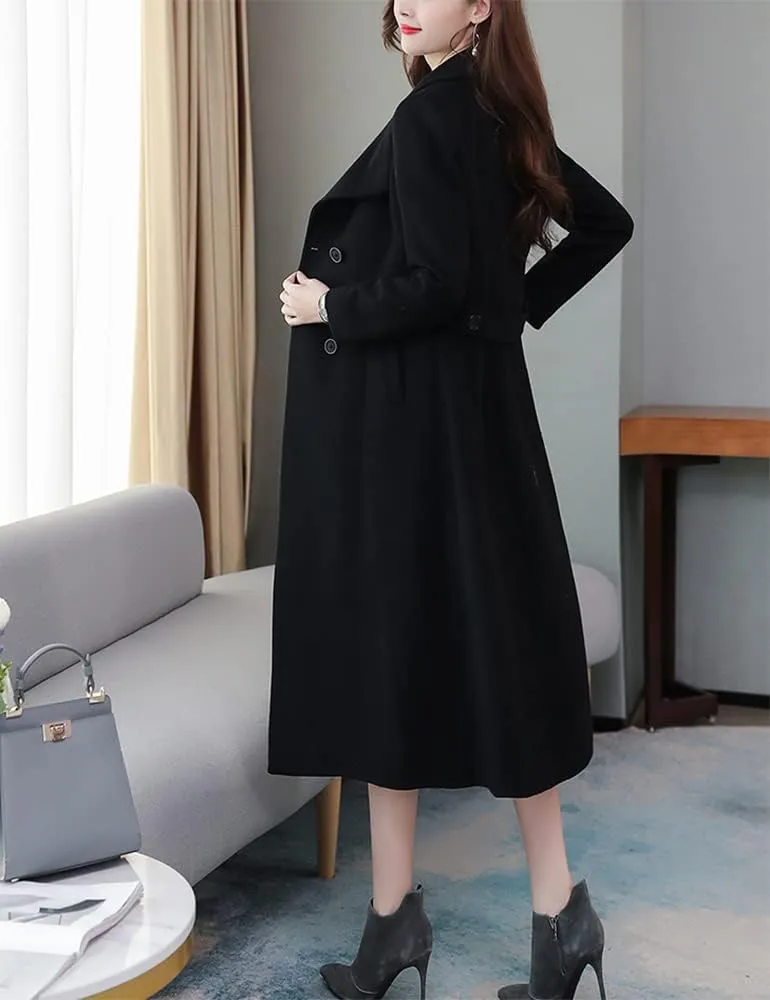 Kinghua Women's Double Breasted Wool Coats Winter Long Wool Pea Coat Overcoat