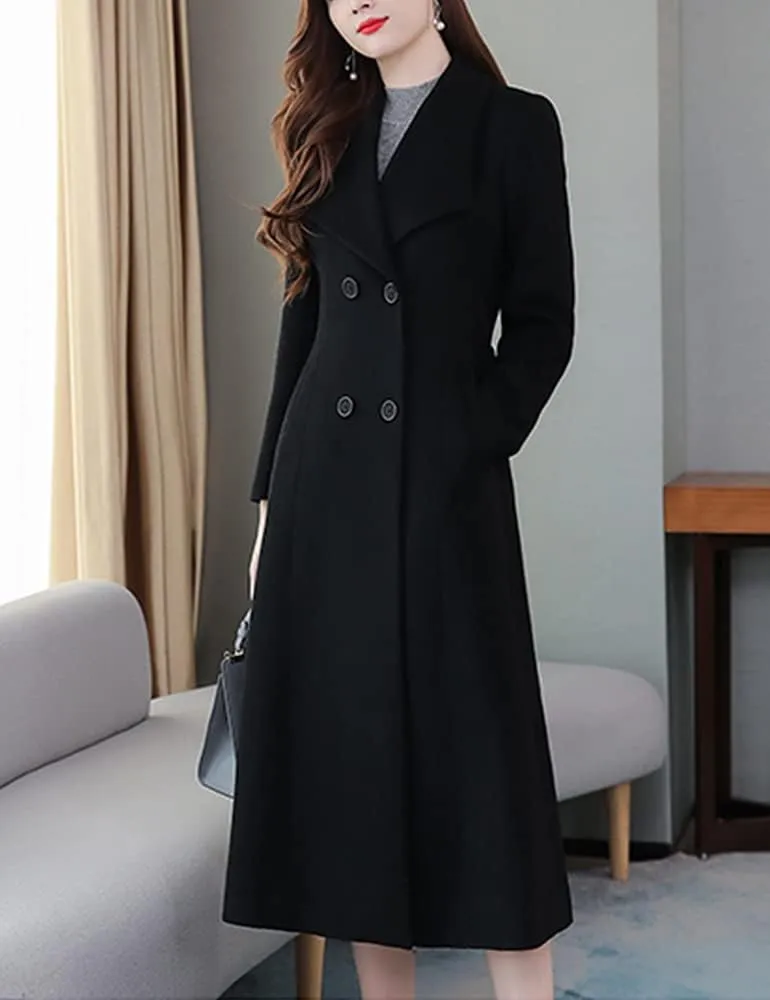 Kinghua Women's Double Breasted Wool Coats Winter Long Wool Pea Coat Overcoat