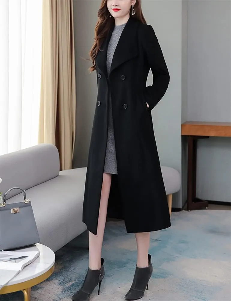 Kinghua Women's Double Breasted Wool Coats Winter Long Wool Pea Coat Overcoat
