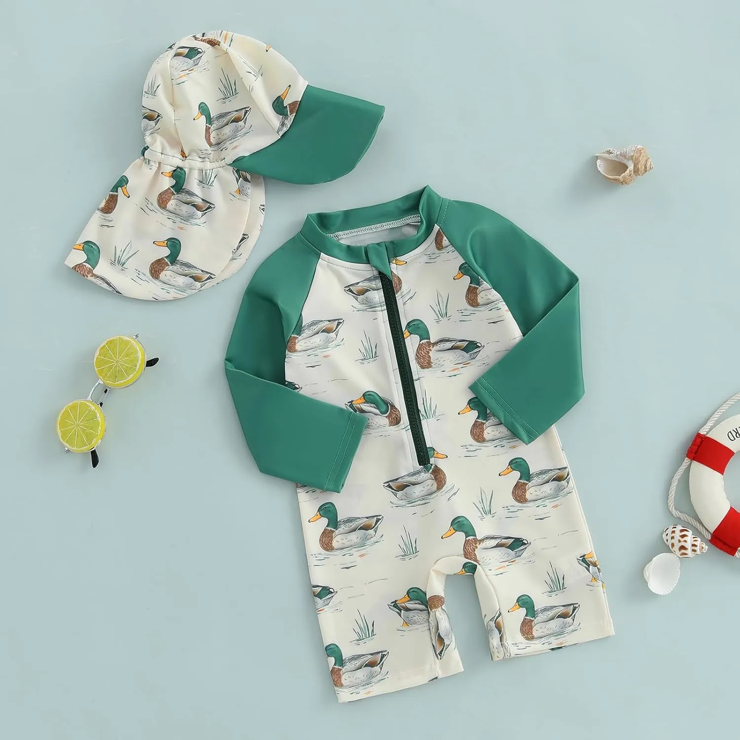 KMBANGI Toddler Baby Boy Mallard Swimsuit Kids Rash Guard Long Sleeve One Piece Bathing Suit Duck Hunting Swimwear with Hat