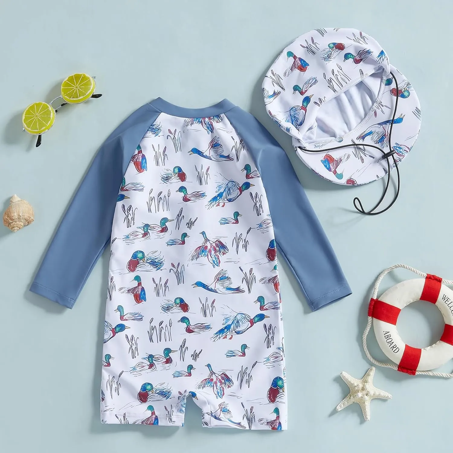 KMBANGI Toddler Baby Boy Mallard Swimsuit Kids Rash Guard Long Sleeve One Piece Bathing Suit Duck Hunting Swimwear with Hat