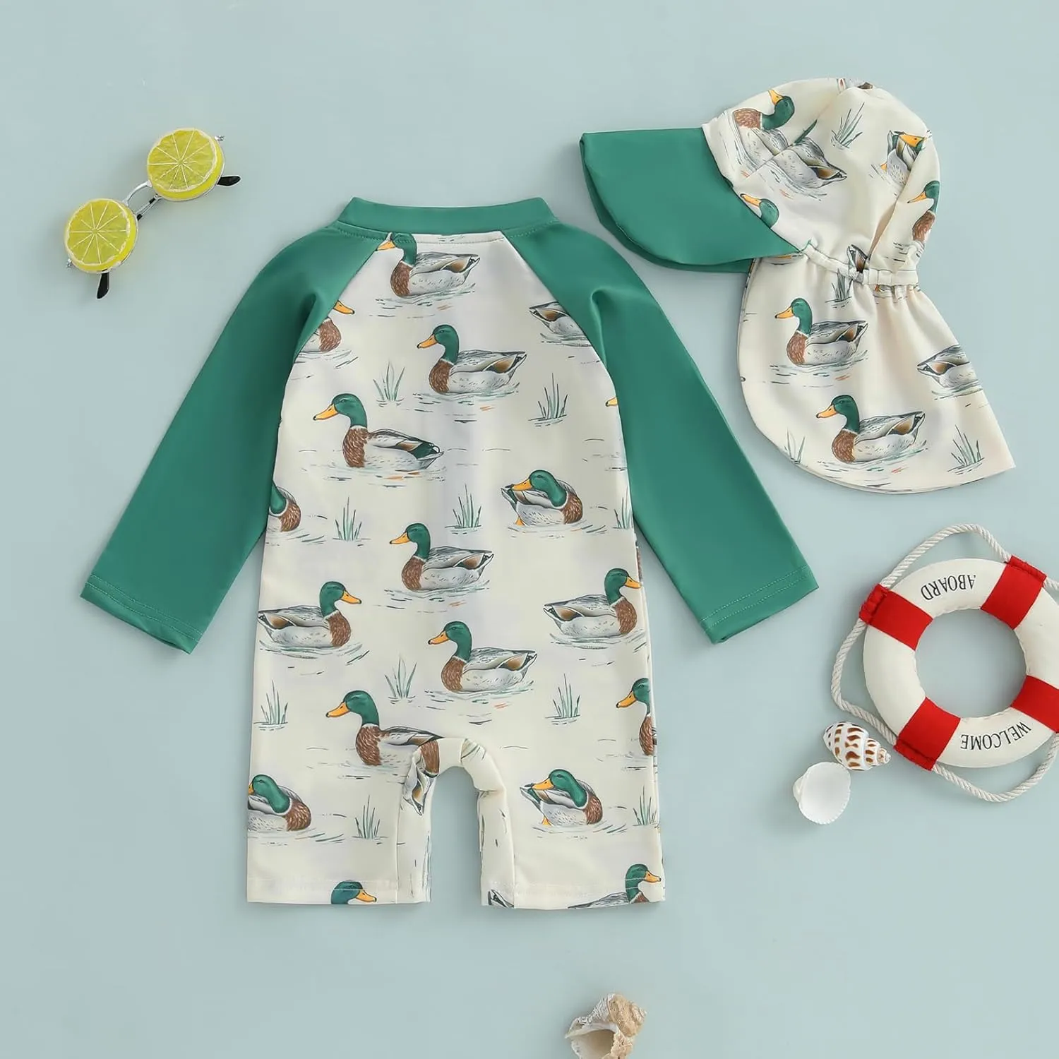 KMBANGI Toddler Baby Boy Mallard Swimsuit Kids Rash Guard Long Sleeve One Piece Bathing Suit Duck Hunting Swimwear with Hat