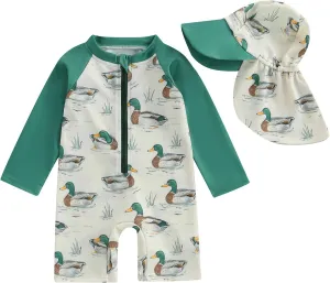 KMBANGI Toddler Baby Boy Mallard Swimsuit Kids Rash Guard Long Sleeve One Piece Bathing Suit Duck Hunting Swimwear with Hat