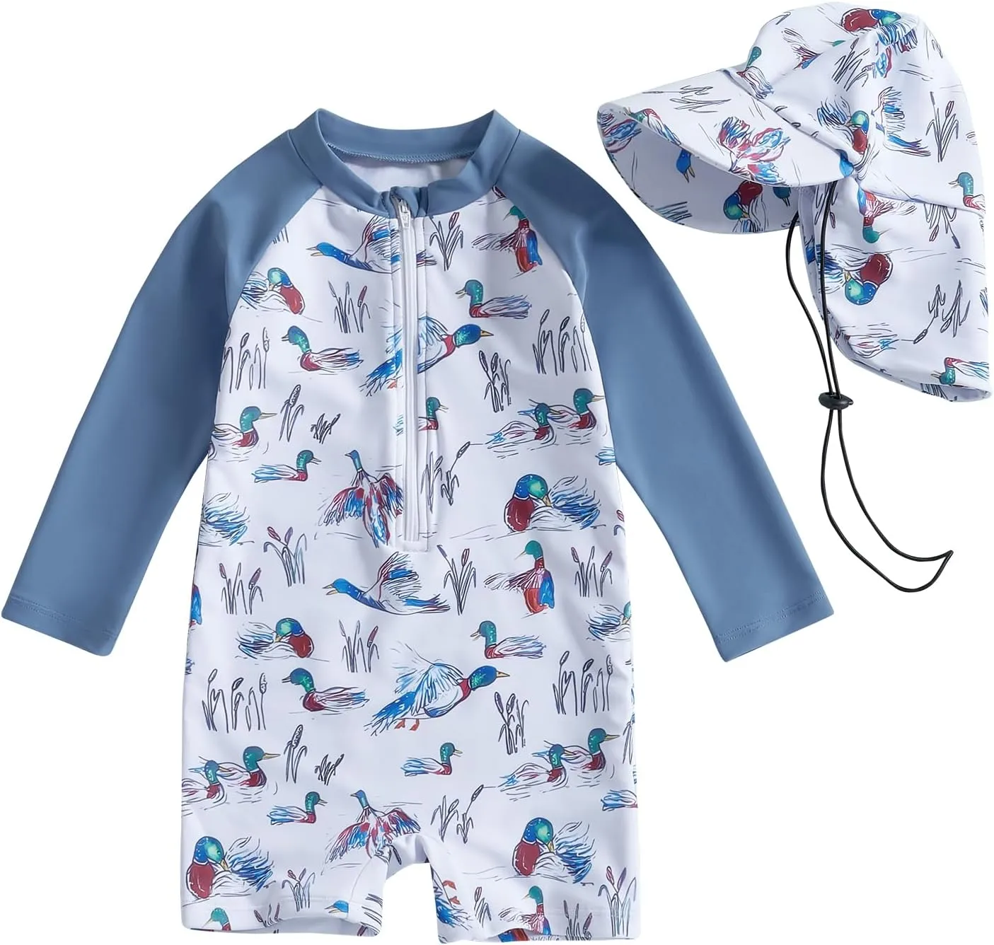 KMBANGI Toddler Baby Boy Mallard Swimsuit Kids Rash Guard Long Sleeve One Piece Bathing Suit Duck Hunting Swimwear with Hat