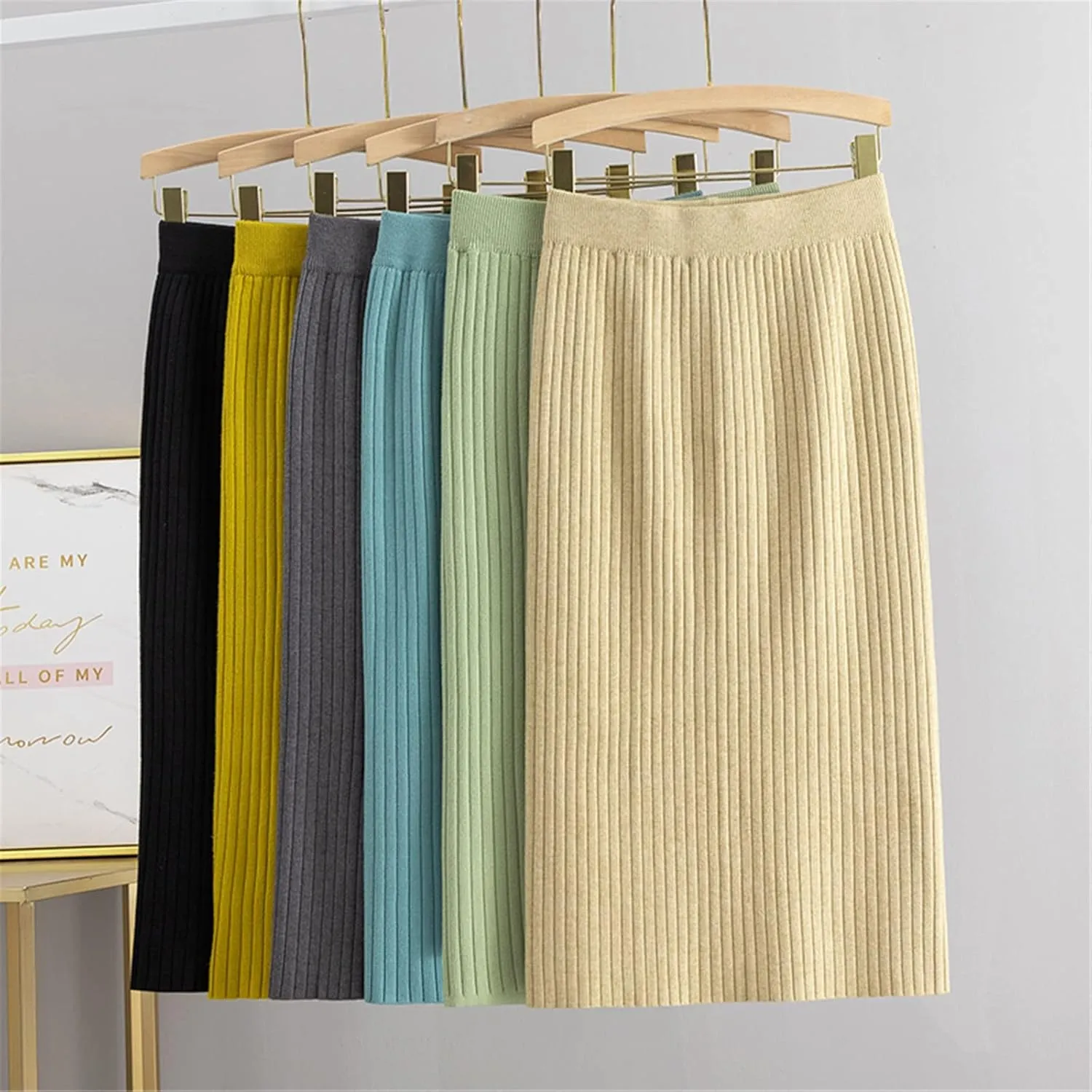 Knitted Midi Long Pencil Black Skirt Autumn Bag Hip One-Step Mid-Length Straight Woolen Skirt Winter Outer Wear Skirt