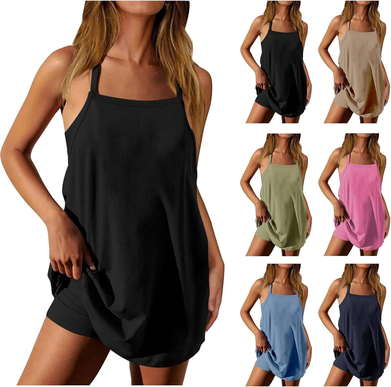Kubbon Womens Short Romper Sleeveless Mini Dress Casual Spaghetti Straps Athletic Built-in Shorts Sundress Workout Rompers