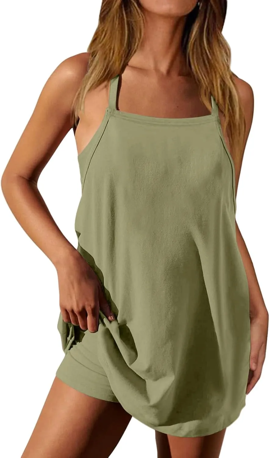 Kubbon Womens Short Romper Sleeveless Mini Dress Casual Spaghetti Straps Athletic Built-in Shorts Sundress Workout Rompers