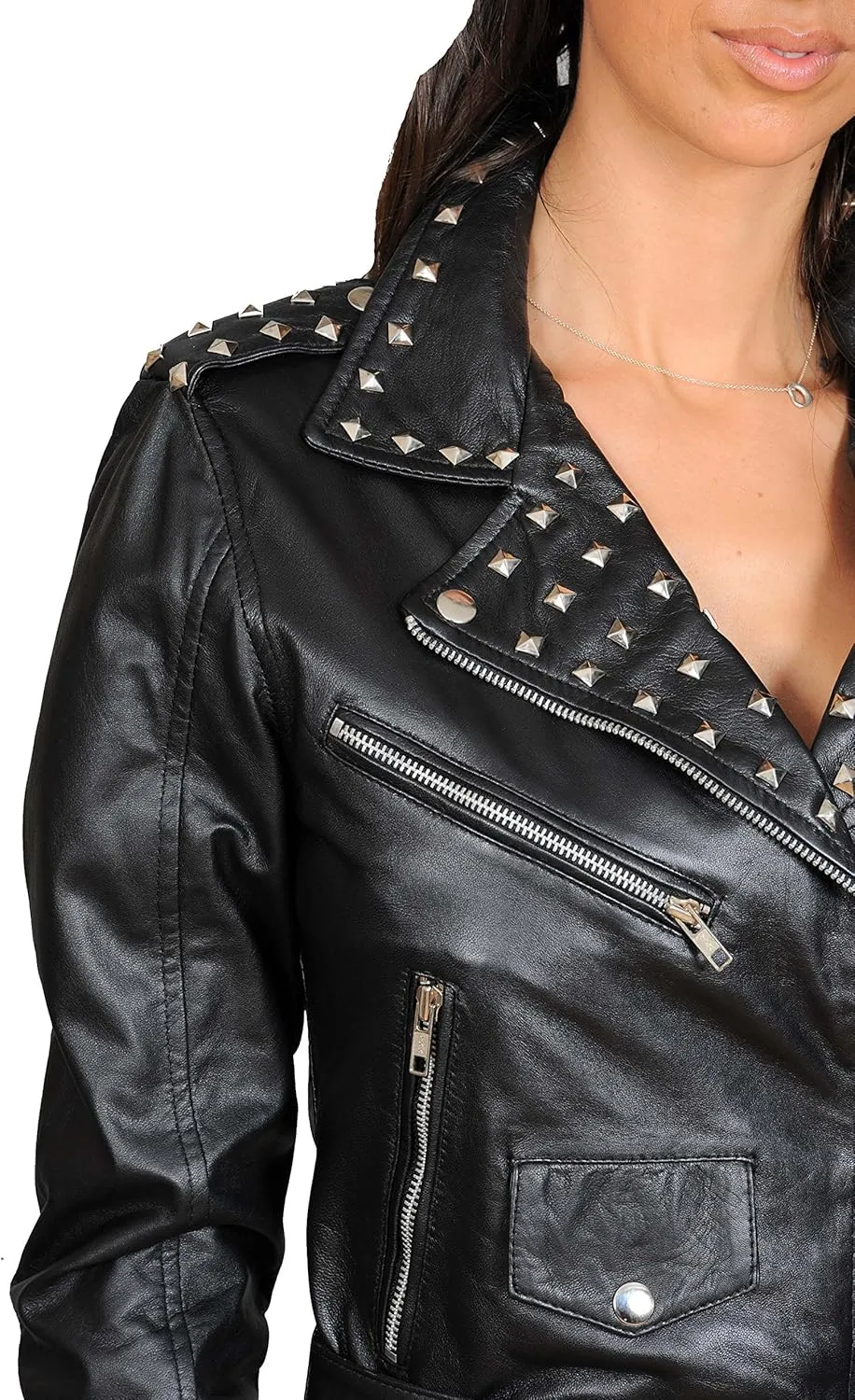 Ladies Real Leather Studded Cropped Biker Style Jacket - Diane Black