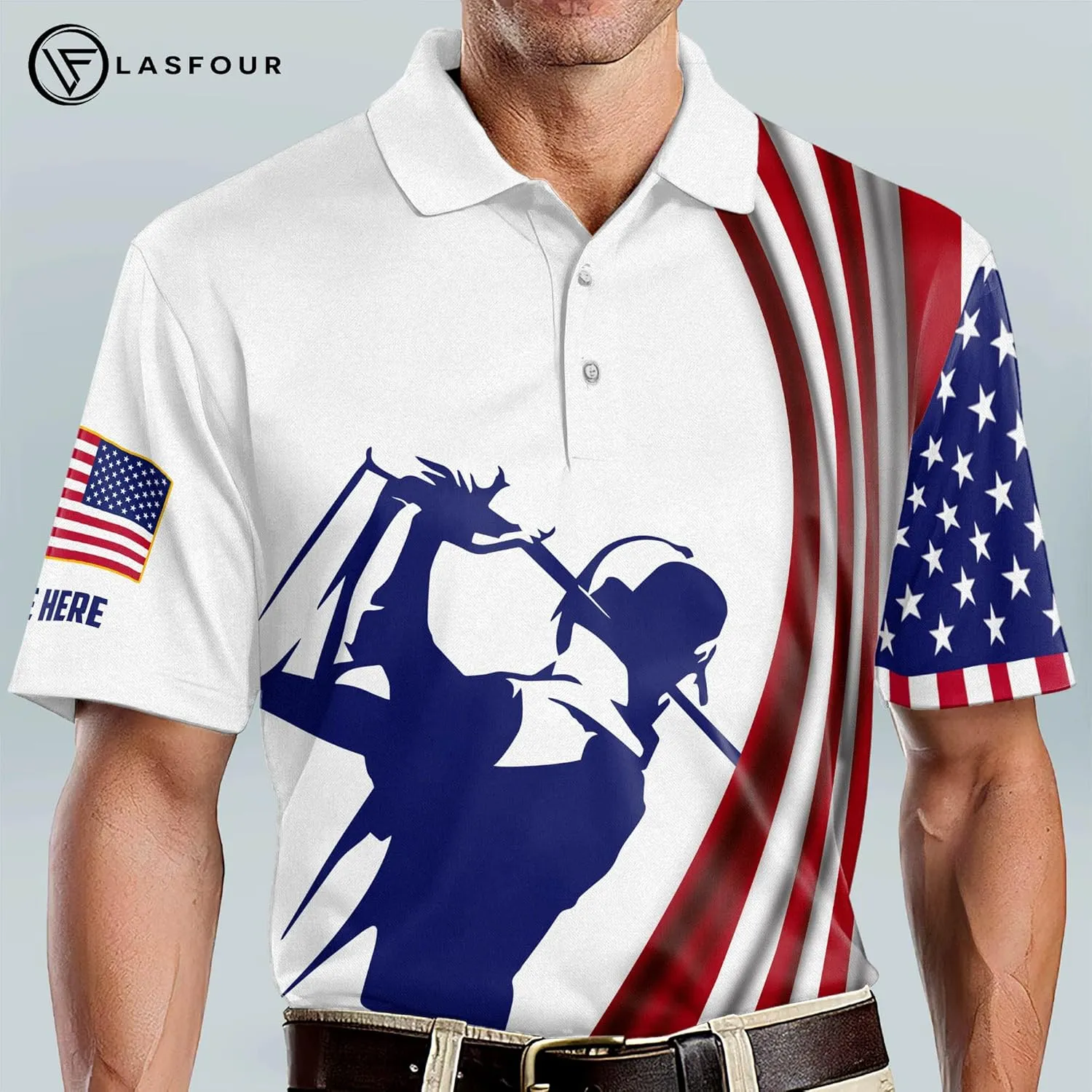 LASFOUR Personalized 3D Funny Golf Polo Shirts for Men, Men's Golf Shirts Short Sleeve Polo Dry Fit, America Golf Polos