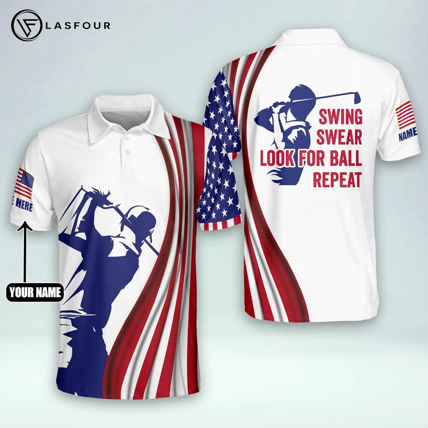 LASFOUR Personalized 3D Funny Golf Polo Shirts for Men, Men's Golf Shirts Short Sleeve Polo Dry Fit, America Golf Polos