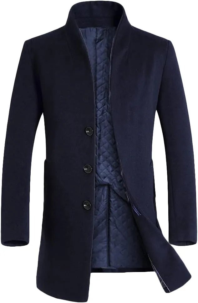 Lavnis Men's Trench Coat Long Wool Blend Overcoat Slim Fit Down Topcoat