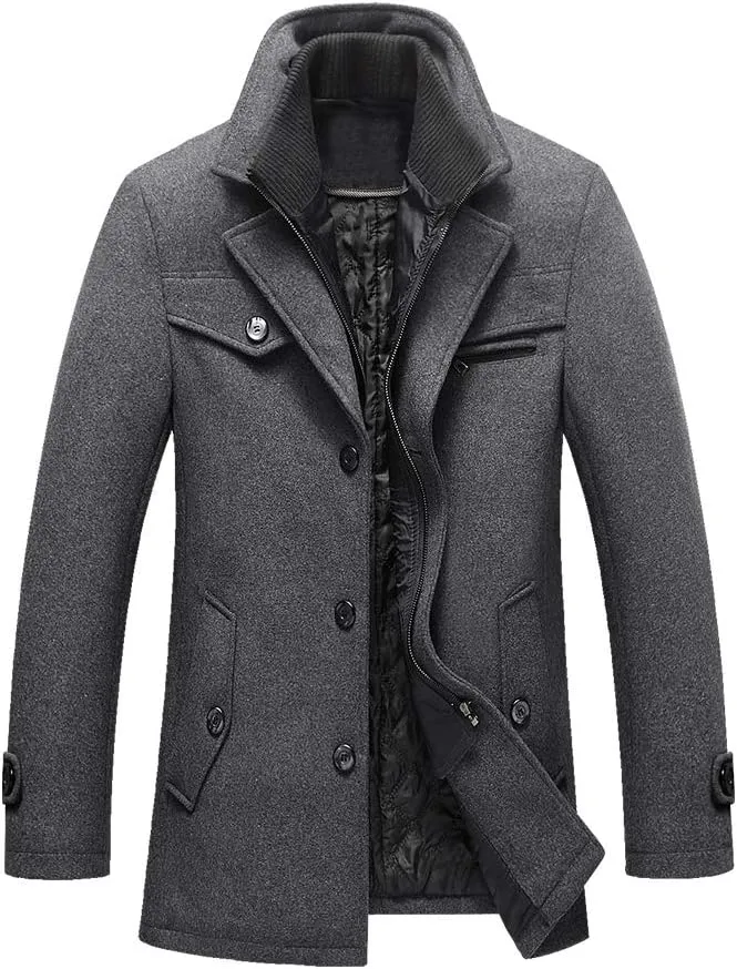 Lavnis Men's Winter Wool Coats Slim Fit Single Breasted Trench Jacket Woolen Pea Coat
