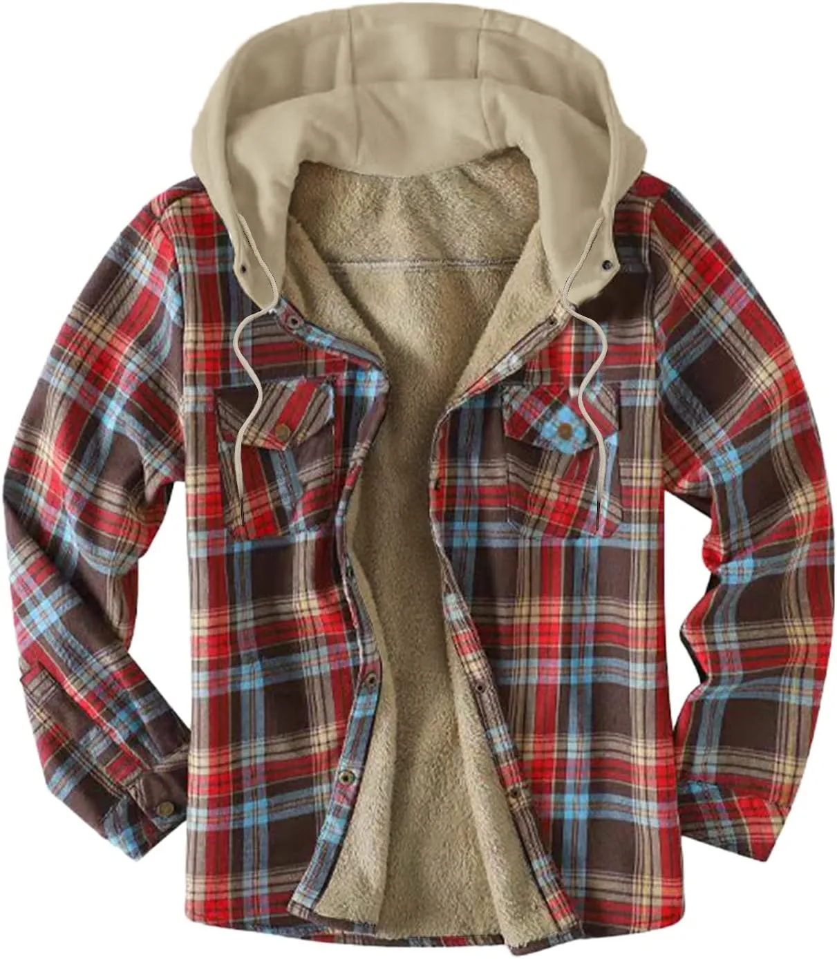 LCMTWX Men's Plaid Hooded Shirts Plaid Print Hooded Zipper Pocket Long Sleeve Shirt Patchwork Jacket Lightweight Shirt