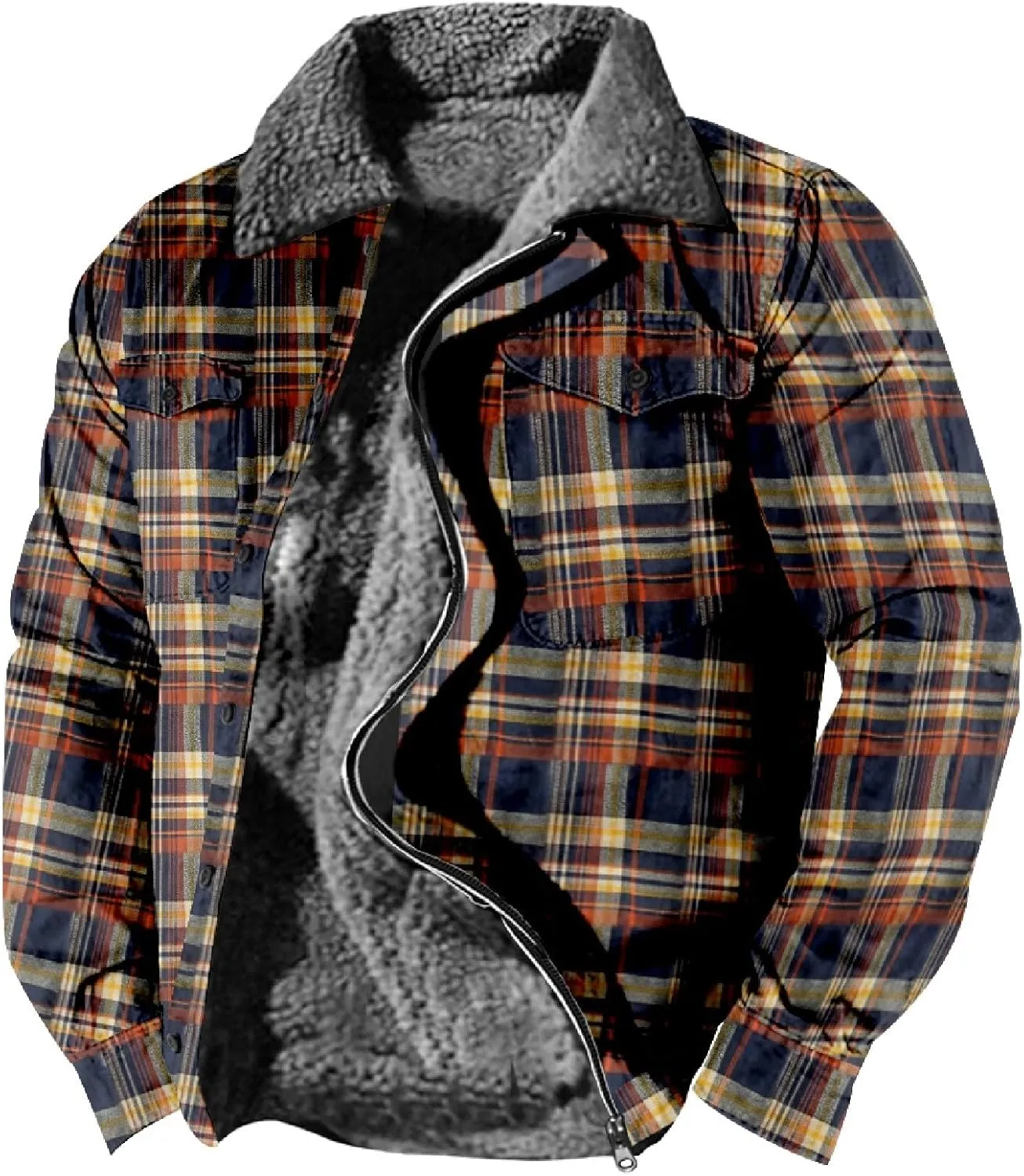 LCMTWX Winter Coat Men Plaid Casual Plaid Print Hooded Zipper Pocket Long Sleeve Shirt Patchwork Jacket Loose Thickened