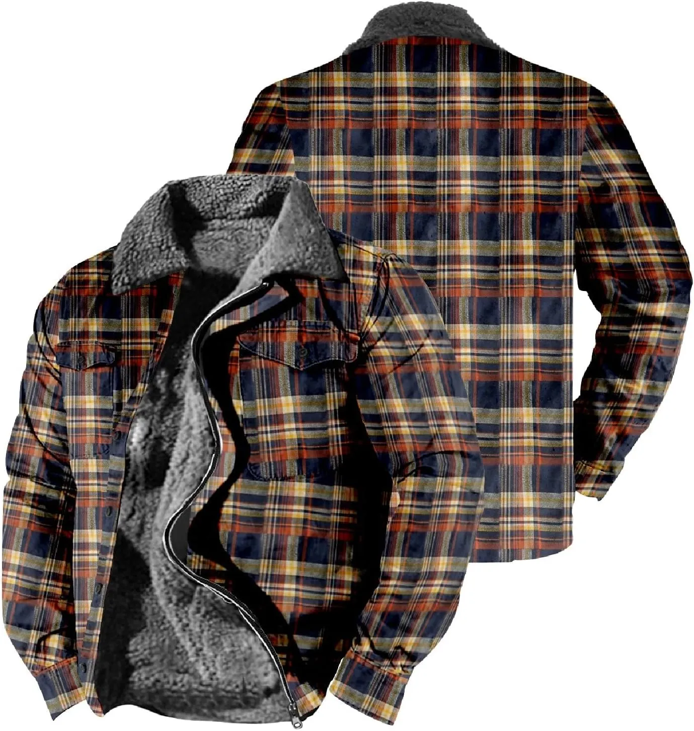 LCMTWX Winter Coat Men Plaid Casual Plaid Print Hooded Zipper Pocket Long Sleeve Shirt Patchwork Jacket Loose Thickened