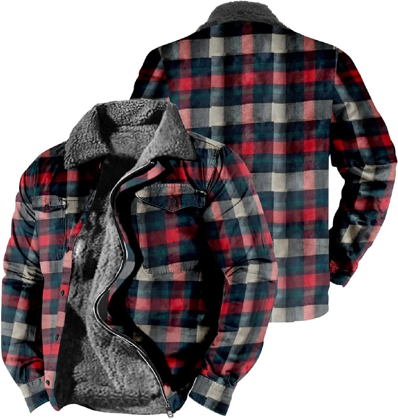 LCMTWX Winter Coat Men Plaid Casual Plaid Print Hooded Zipper Pocket Long Sleeve Shirt Patchwork Jacket Loose Thickened