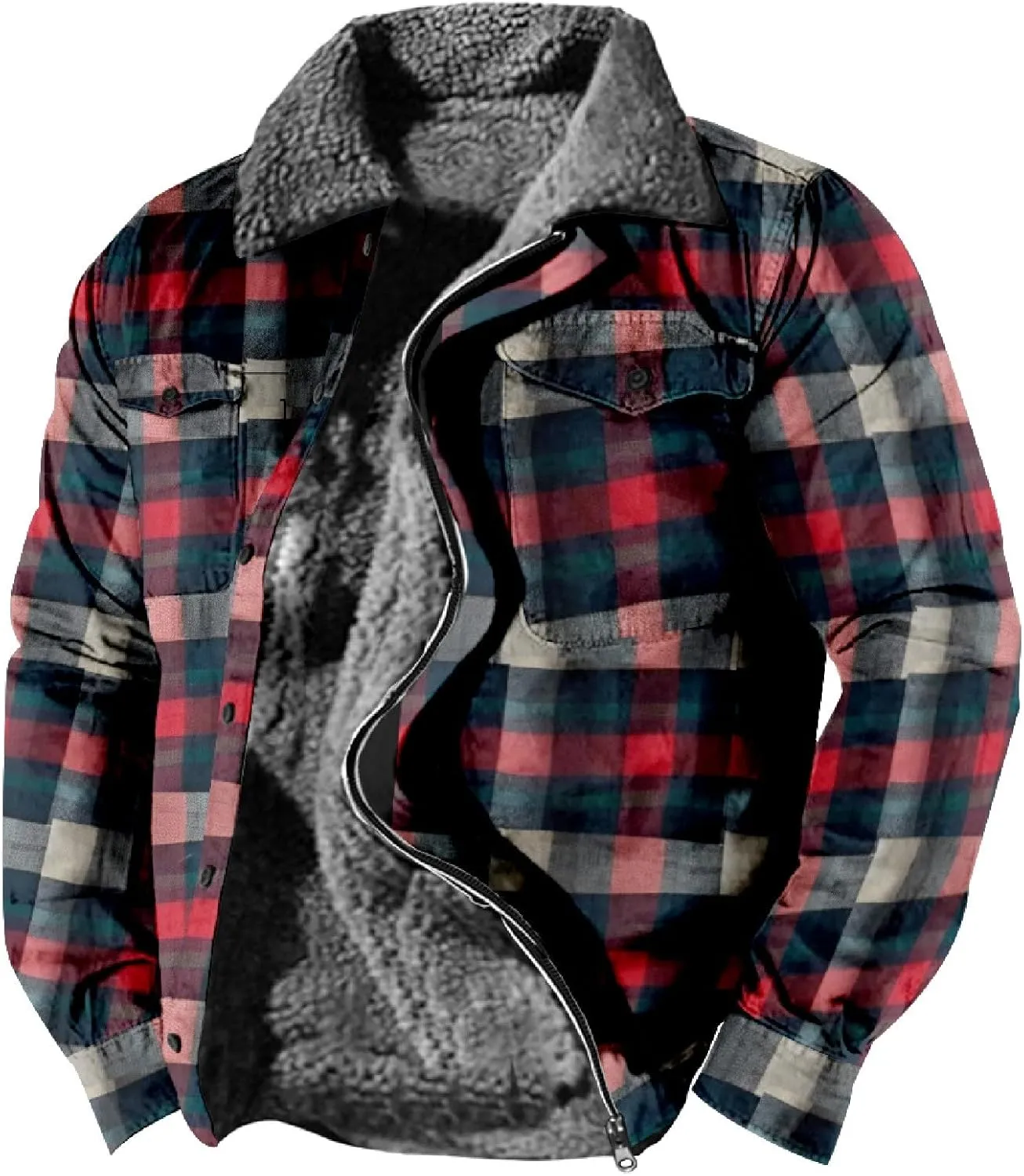 LCMTWX Winter Coat Men Plaid Casual Plaid Print Hooded Zipper Pocket Long Sleeve Shirt Patchwork Jacket Loose Thickened