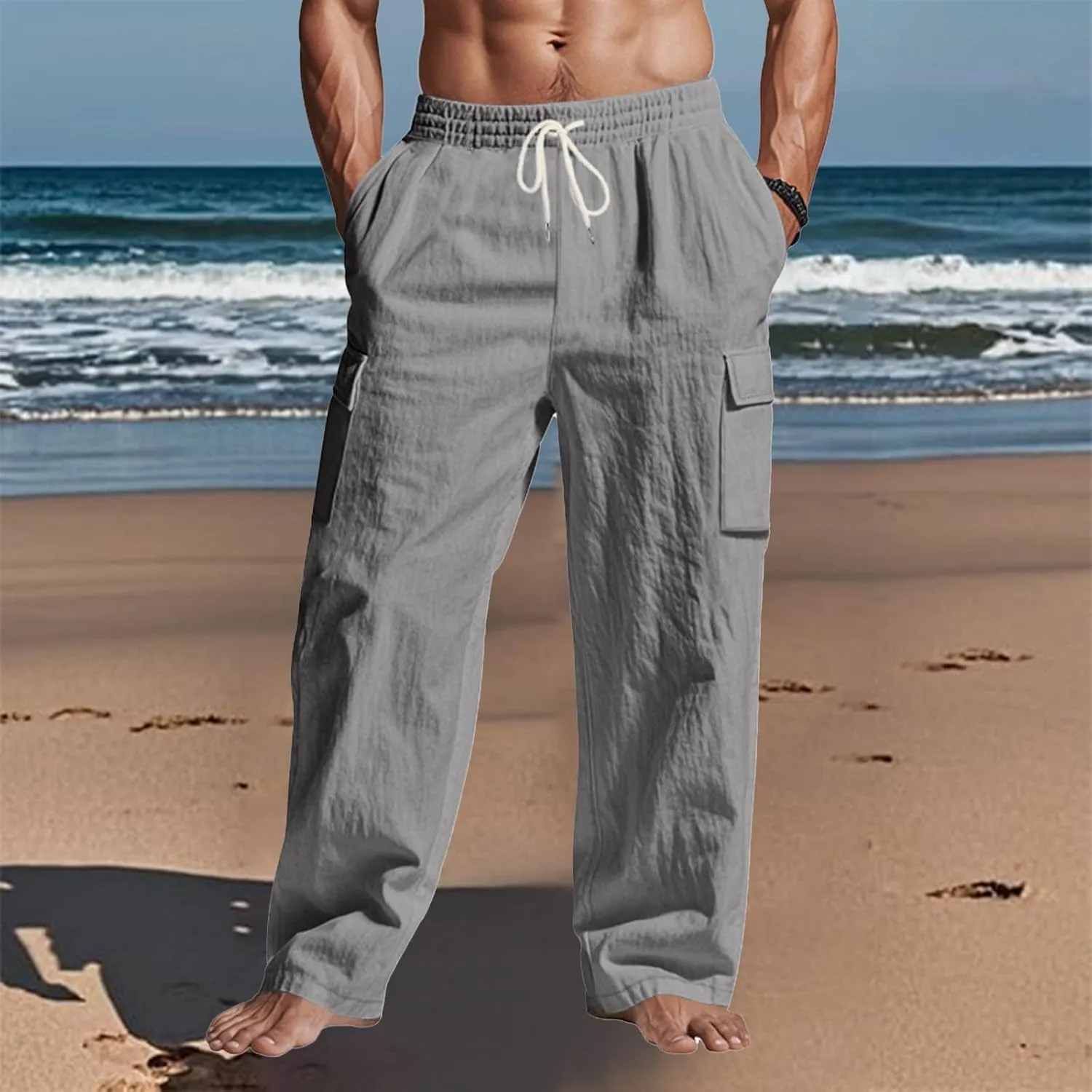 lcyhony Linen Cargo Pants for Men Relaxed fit Elastic Waist Drawstring Linen Pants Summer Casual Yoga Beach Pant with Pockets
