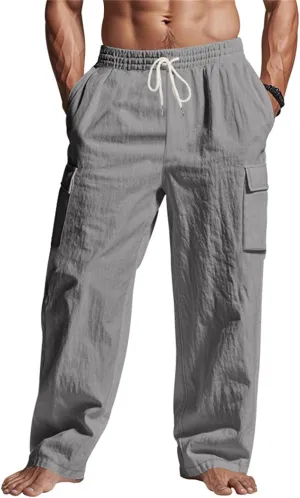 lcyhony Linen Cargo Pants for Men Relaxed fit Elastic Waist Drawstring Linen Pants Summer Casual Yoga Beach Pant with Pockets