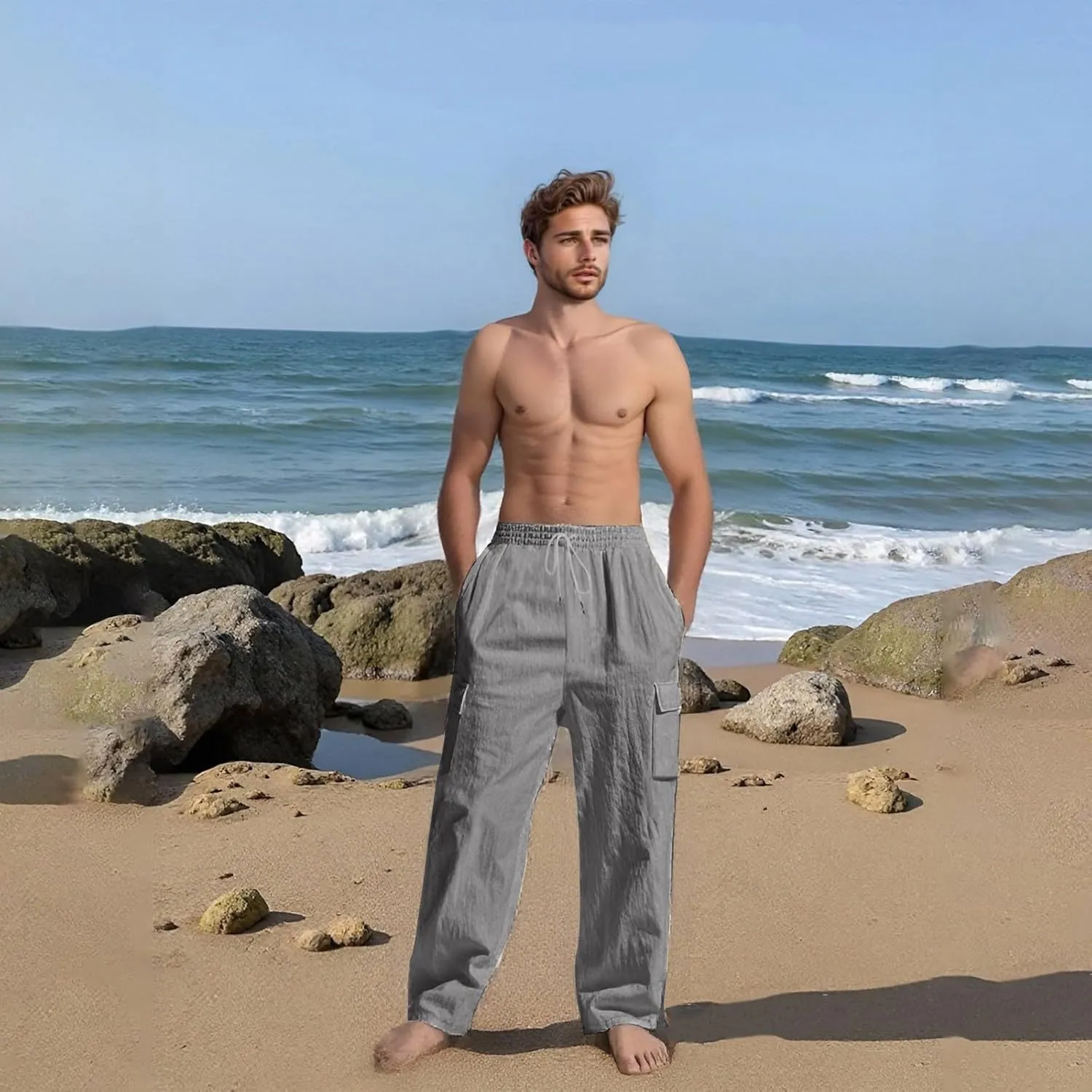 lcyhony Linen Cargo Pants for Men Relaxed fit Elastic Waist Drawstring Linen Pants Summer Casual Yoga Beach Pant with Pockets