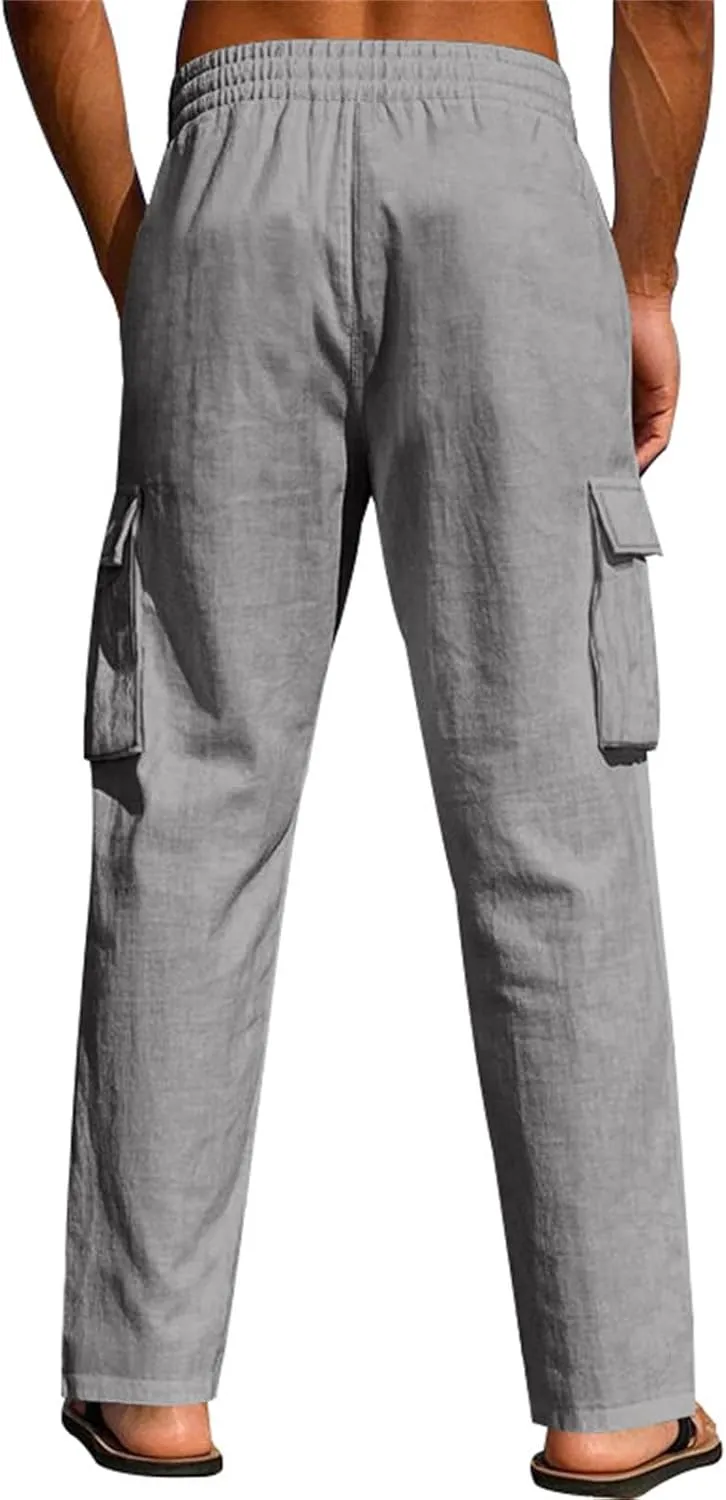 lcyhony Linen Cargo Pants for Men Relaxed fit Elastic Waist Drawstring Linen Pants Summer Casual Yoga Beach Pant with Pockets