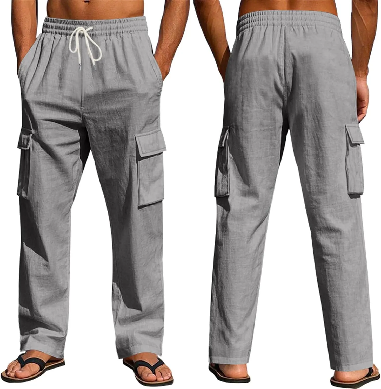 lcyhony Linen Cargo Pants for Men Relaxed fit Elastic Waist Drawstring Linen Pants Summer Casual Yoga Beach Pant with Pockets